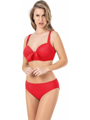 Endeep Kadın Fiyonk ve Taş Detaylı Büyük Beden Nar Çiçeği Bikini Takımı