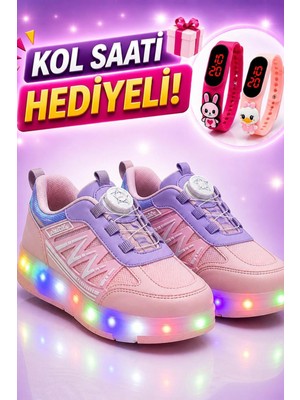 Cyln 2620 Kız Çocuk Işıklı Patenli Spor Ayakkabı (Kol Saati Hediyeli)