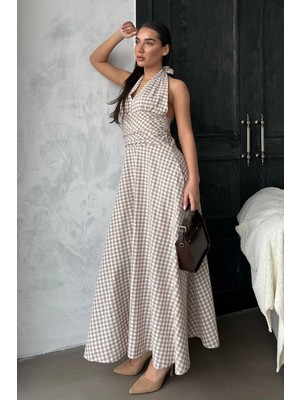 Madmext Bej Ekoseli Midi Boy Kadın Elbise MG2350
