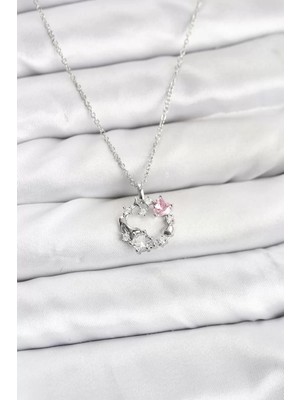 Renas Store 316L Çelik Zincir Gümüş Renk Pembe Taş Detaylı Çelenk Model Kadın Kolye - TJ-BKO10902