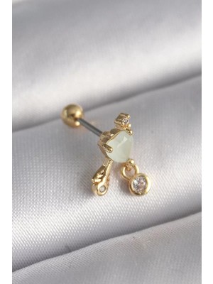 Renas Store 316L Çelik Gold Renk Beyaz Mineli Sallantı Zirkon Taşlı Tragus Piercing - TJ-PR1228