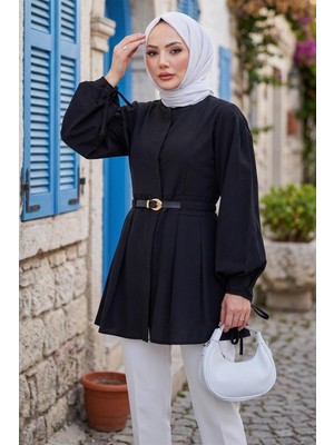 Hafsa Mina Kolu Bağlamalı Kemerli Tunik Siyah HM2920