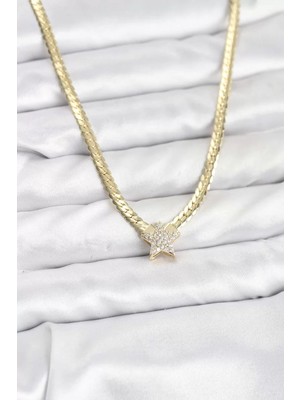 Renas Store Gold Renk Pirinç Yıldız Zirkon Taşlı Kadın Kolye - TJ-BKO10793