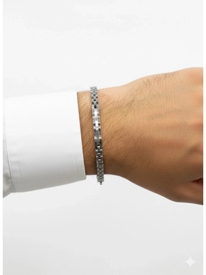 Renas Store Siyah Deri / Çelik Erkek Deri Bileklik 20 cm - EBL0030