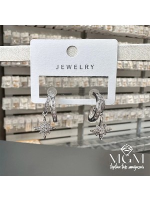 Renas Store Rodyum Zirkon Taşlı Pirinç Küpeler - KP00290