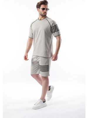 Madmext Boyalı Gri Baskılı Reglan Kol Erkek Şort T-Shirt Takımı E7306