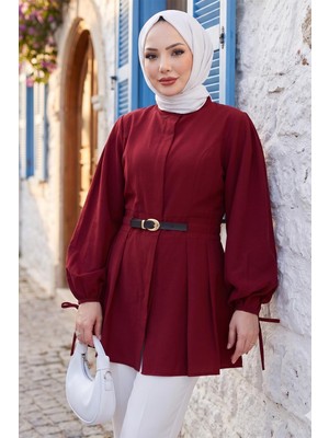 Hafsa Mina Kolu Bağlamalı Kemerli Tunik Bordo HM2920