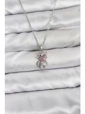 Renas Store 316L Çelik Zincir Gümüş Renk Teddy Bear Model Zirkon Taşlı Kadın Kolye - TJ-BKO10853