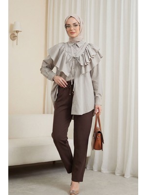 Moda Morfo Pelerin Detaylı Düğmeli Oval Kesim Poplin Tunik -Taş