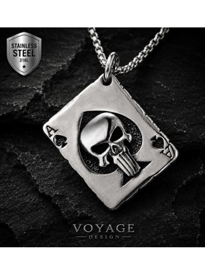 Voyage Accessory Paslanmaz Çelik Maça As Kurukafa Poker Kart Erkek Kolye - 55 cm + 60 cm Hediye Zincir