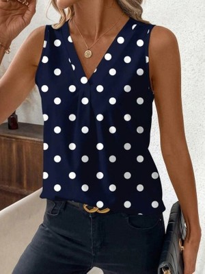 Defy Moda Kadın Askılı V Yakalı Puantiyeli Süprem Bluz