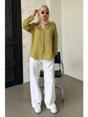 Madmext Haki Çizgili Cepli Kadın Gömlek MG2345