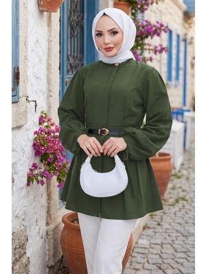 Hafsa Mina Kolu Bağlamalı Kemerli Tunik Haki HM2920