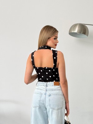 Zey Studio Kadın Siyah Puantiyeli Fularlı Korse Bluz