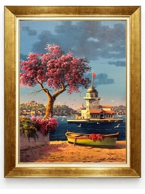 Tablore Kız Kulesi ve Erguvan Ağacı Kanvas Tablo Gold Çerçeveli Istanbul Manzarası