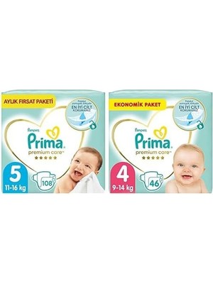 AyrStore Bebek Bezi Premium Care 5 Beden 108 Adet Junior Aylık Fırsat Paketi & Bebek Bezi Premium Care 4 Beden 46 Adet Maxi Paket