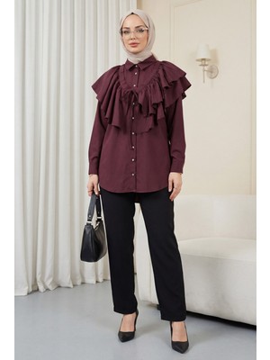 Moda Morfo Pelerin Detaylı Düğmeli Oval Kesim Poplin Tunik -Mürdüm