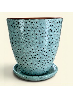 AdenArt Toprak Seramik Saksı Dekoratif Mavi-Kahverengi Desenli Çift Sırlı Altlıklı 30*30 cm