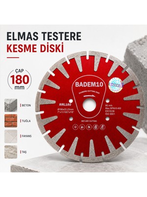Badem10 Turbo Elmas Kesme Diski 180X22,23 mm Beton Mermer Fayans Granit Kesici Profesyonel Disk