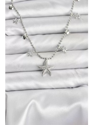 Renas Store Pirinç Gümüş Renk Zirkon Taşlı Deniz Yıldızı Model Kadın Kolye - TJ-BKO10654