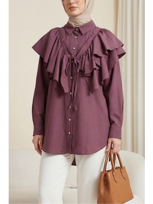 Moda Morfo Pelerin Detaylı Düğmeli Oval Kesim Poplin Tunik -Vişne