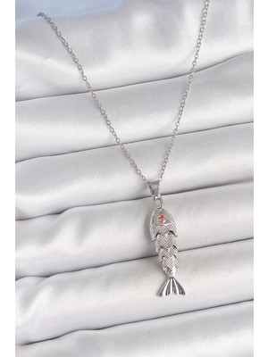 Renas Store 316L Çelik Zincir Gümüş Renk Zirkon Taşlı Balık Figürlü Kolye - TJ-BKO10233