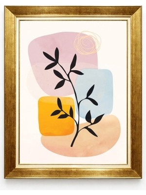 Tablore Gold Çerçeveli Soyut Yaprak Kanvas Tablo - Modern Bohem Pastel Tonlar Duvar Dekoru