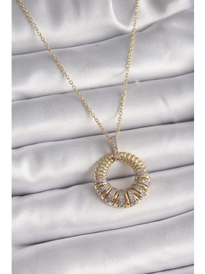Renas Store 316L Çelik Gold Renk Zincir Gümüş Zirkon Taşlı Daire Model Kadın Kolye - TJ-BKO9481