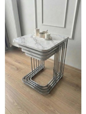 Mervish Decor 4’lü Tekerlekli Gümüş Metal Beyaz Mermer Desenli Zigon Sehpa & Yan Sehpa Takımı