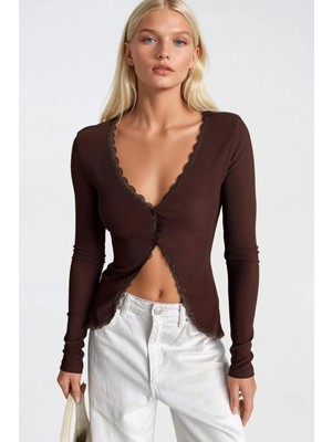 Asfaha Fashion Kadın Dantel Detaylı Düğmeli Fitilli Kaşkorse Hırka Bluz