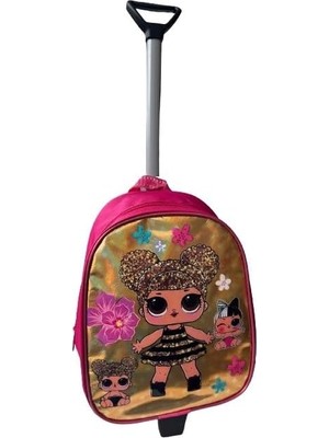 AyrStore Anaokulu Çocuk Çekçekli Valiz Sırt Çantası Çekçekli 2in1 Şeker Bebek Desenli Ön Yüzey 5d Boyutlu Pembe Sarı