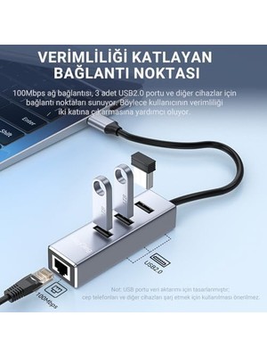 AyrStore Veggieg USB Type-C To 100MBPS Ethernet Çevirici ve 3 Portlu USB Hub Çoklayıcı