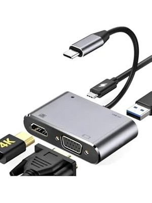 AyrStore CF02 Uyumlu Type-C™ To 4K Ultra Hd 1080P Hdmı/vga/pd Şarj/usb 3.0 4ın1 Çevirici Hub Adaptör