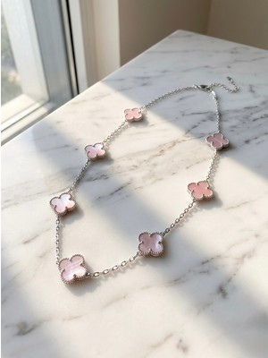 Meneva Aksesuar Pembe Mineli 7’li Yonca Gümüş Silver Renk Zincirli Paslanmaz Çelik Kolye