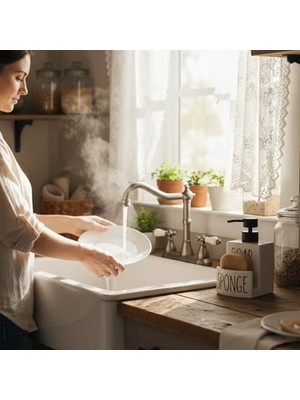 AyrStore Amberhaus Beyaz Seramik Sıvı Sabunluk ve Süngerlik Seti | 500 ml | Mutfak ve Banyo Tezgahı Için 2'si 1 Arada | Kaymaz Tabanlı, Şık Bulaşık Sabunu Dispenseri