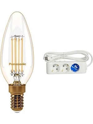 AyrStore E14 LED Filament Lamba, Sarı Işık (2000K), 4W, 360 Lümen + Üçlü Priz Topraklı Kablolu Çocuk Korumalı 2 mt
