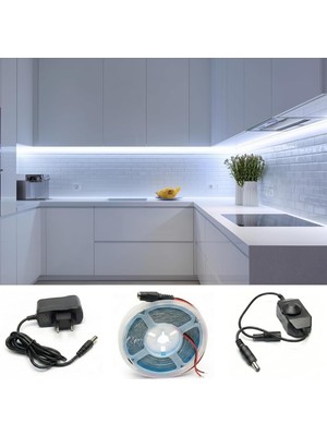 AyrStore 2.5 Metre Beyaz Şerit LED Çevirmeli Anahtar Tak Çalıştır Hazır Set Adaptör Dahil, Açma-Kapama, Parlaklık Ayarı Yapılabilir, Mutfak, Tezgah, Dolap Içi, Ayna, Tv Ünitesi Aydınlatma