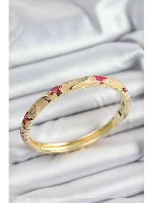 Renas Store Mineli Pirinç Pembe Krem Çiçek Motifli Gold Renk Kadın Kelepçe - TJ-BB7370