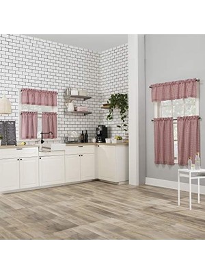 AyrStore No. 918 Farmhouse Ekose Semi-Sheer Mutfak Perdesi, 137X91 Cm, 3 Parçalı Set, Kırmızı/beyaz