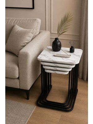 Mervish Decor 4’lü Tekerlekli Siyah Metal Beyaz Mermer Desenli Zigon Sehpa & Yan Sehpa Takımı