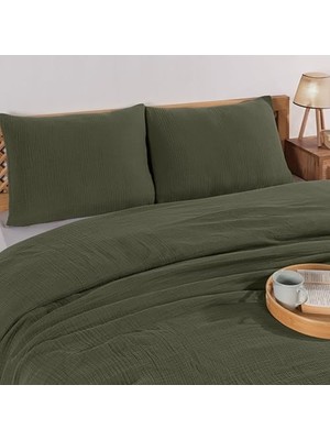AyrStore Müslin Yatak Örtüsü Seti Çift Kişilik, Şık Düz Renk 100% Pamuk 4 Kat Muslin Yastık Kılıflı Pike Takımı, Denizli Üretimi (Haki Yeşil, Çift Kişilik Set (230X250 Cm))