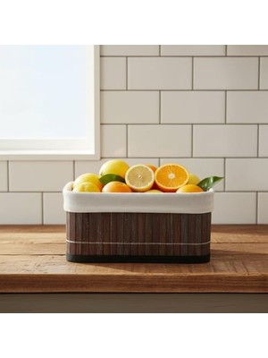 AyrStore Mini Dikdörtgen Bambu Düzenleyici ve Saklama Sepeti – Gri Ahşap Banyo, Makyaj ve Ofis Organizeri, Kumaş Astarlı Dekoratif Kutu (20X15X10 Cm)