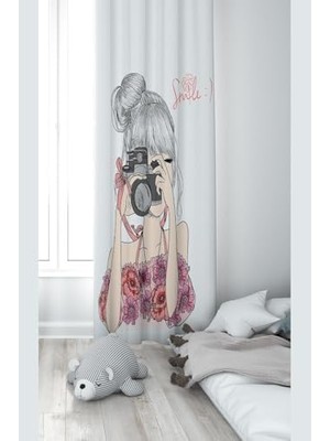AyrStore Pelangi Beyaz Fonlu Fotoğref Çeken Kız Desenli Dijital Baskı Yıkanabilir Bebek Çocuk Odası Fon Perdesi, Pembe-Beyaz 70 x 200