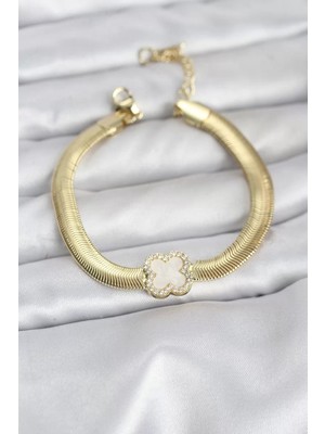 Renas Store 316L Çelik Gold Renk Beyaz Yonca Model Zirkon Taşlı Yılan Zincirli Kadın Bileklik - TJ-BB8157