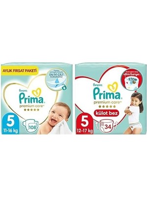 Bebek Bezi Premium Care 5 Beden 108 Adet Junior Aylık Fırsat Paketi & Külot Bebek Bezi Premium Care 5 Beden 34 Adet Junior Ikiz Paket