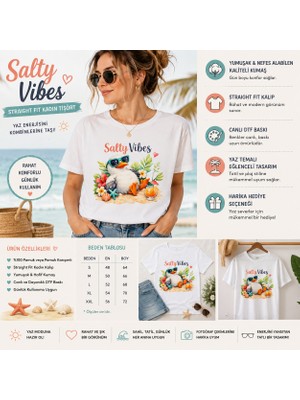 Tişört Kodu Salty Vibes Straight Fit Kadın Tişört – Yaz Temalı Martı Graphic Tee