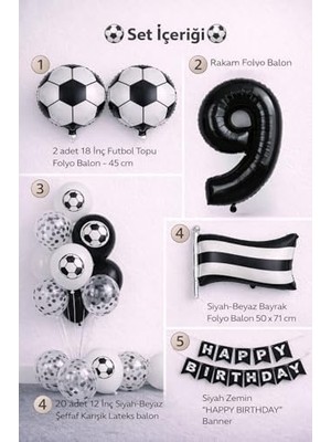 Siyah Beyaz 9 Yaş Futbol Temalı Doğum Günü Balon Seti