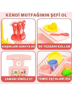 Oyuncak Gerçek Su Akan Mutfak Lavabo Seti | 28 Parça Aksesuarlı | Pilli Su Devir Daimli Mavi (Pembe)