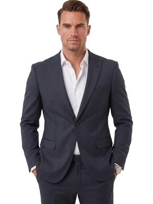 Deepsea Erkek Lacivert Slim Fit Çizgili 2’li Takım Elbise – Tek Düğme Modern Takım 0233049