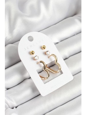 Renas Store Pirinç Zirkon Taş Figürlü Gold Renk 3'lü Çift Kadın Küpe Set - TJ-BKP10650